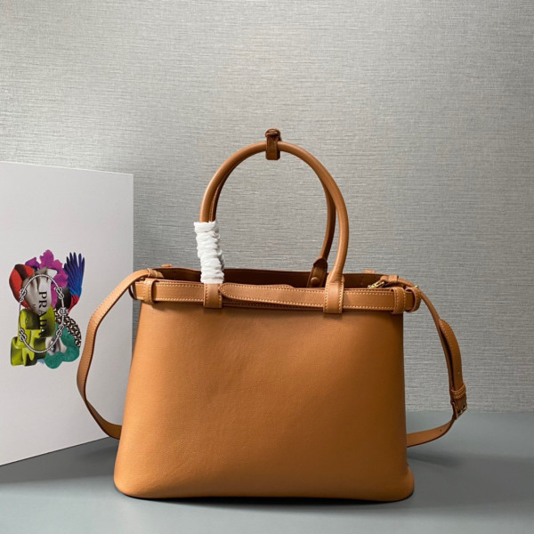 Pra*a buckle leather handbag with double belt-35*25*14cm