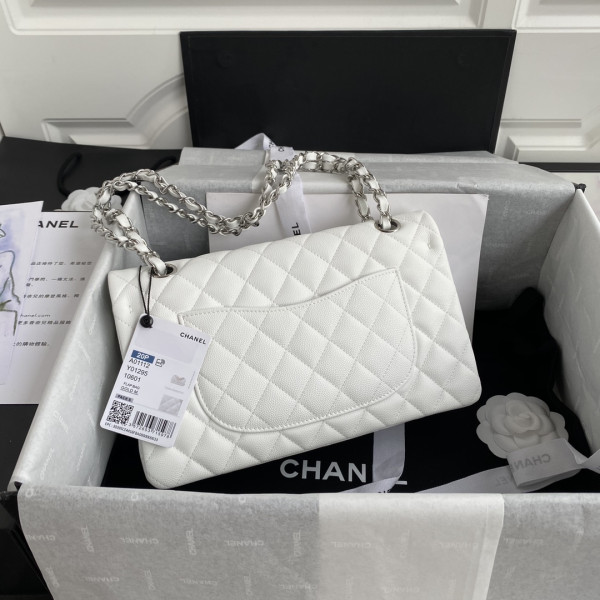 CL A01112 White Large 25.5 Calfskin Leather Flap Bag
